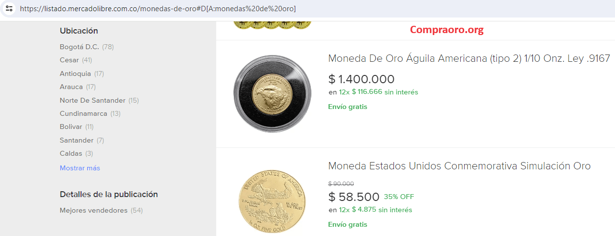 Comprar monedas de oro en Mercadolibre en Colombia